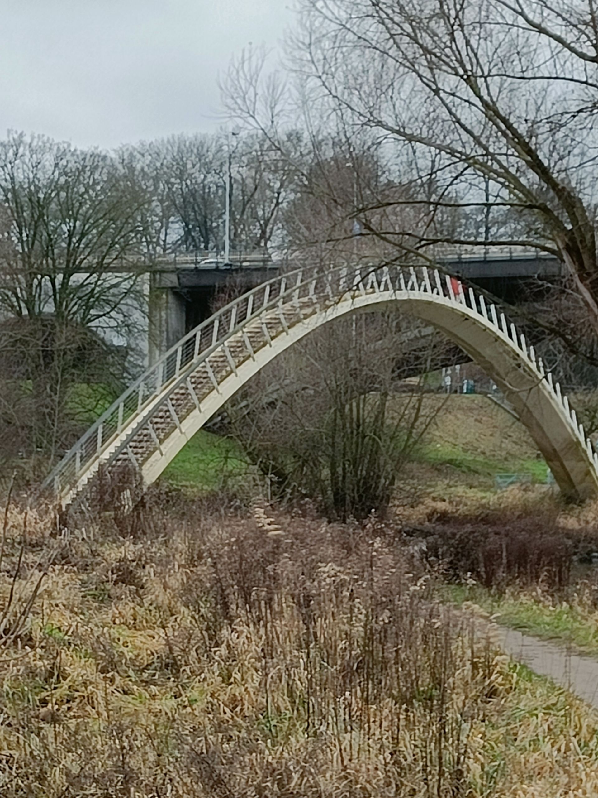 Een gebogen voetgangersbrug over een droge beekbedding, met bomen en in de verte een spoorbrug op de achtergrond.