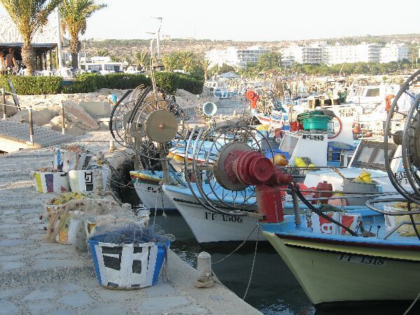Kleine vissersbootjes en netten op een zonnige havenkust met gebouwen aan het water op de achtergrond.