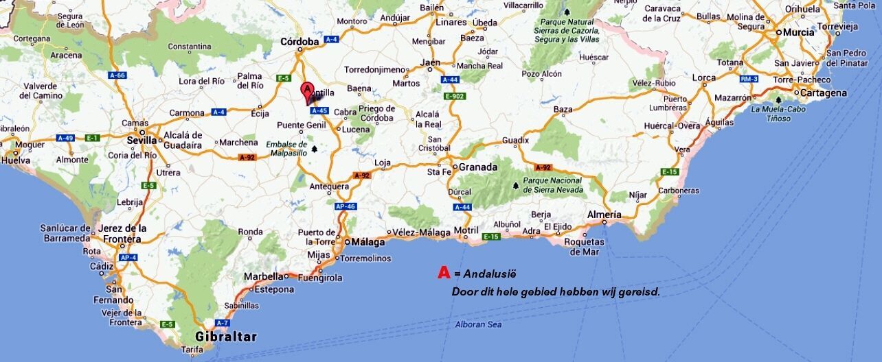 Kaart van Zuid-Spanje, met een rode markering in het middenoosten en een andere rode markering aan de kust.