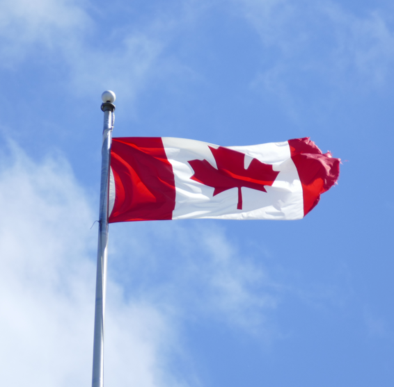 De Canadese vlag, rood en wit, met het esdoornblad-embleem, tegen een blauwe lucht.