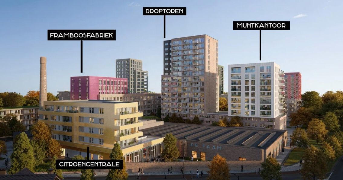 Luchtfoto van een modern stedelijk complex met hoogbouw, parkeergarage en aangegeven locaties.