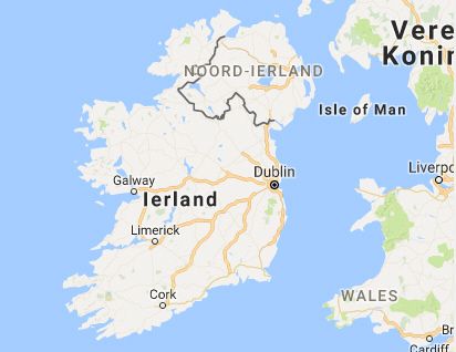 Kaart van Ierland en Noord-Ierland met aangegeven steden, waaronder Dublin en Galway.