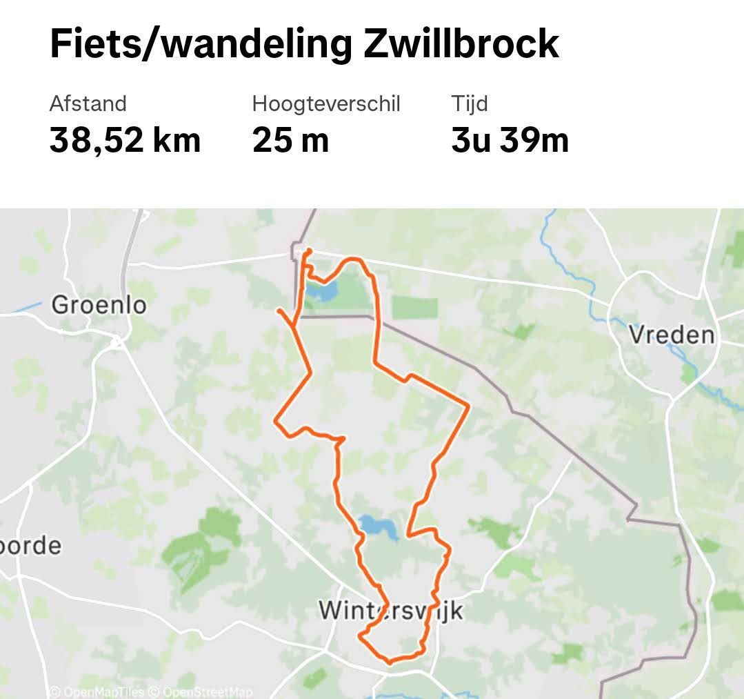 Fiets-/wandelroutekaart van Zwillbrock met een lus van 38,52 km, 25 m hoogteverschil, 3 uur en 39 minuten.