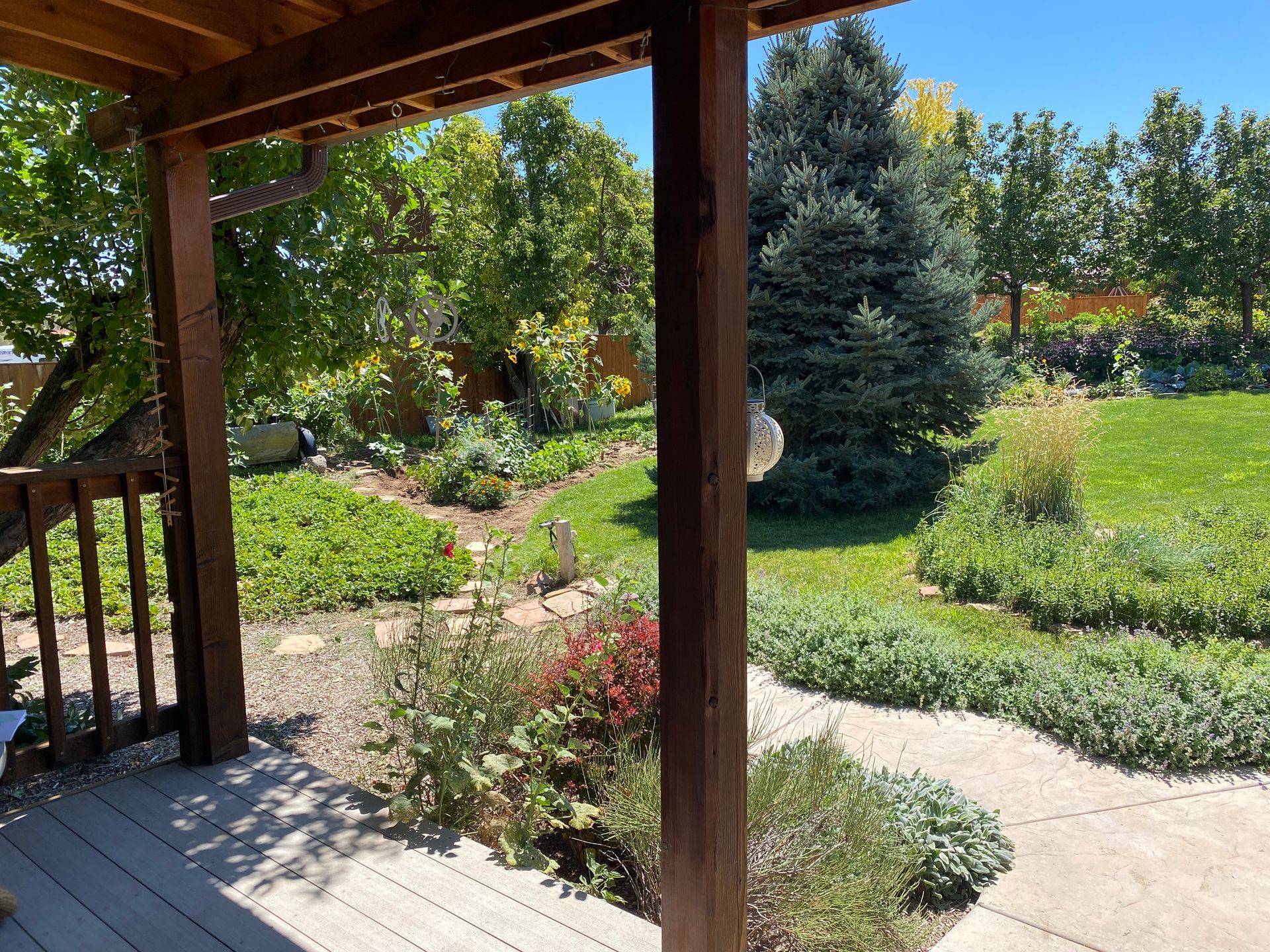 A view of a lush green garden from a porch.