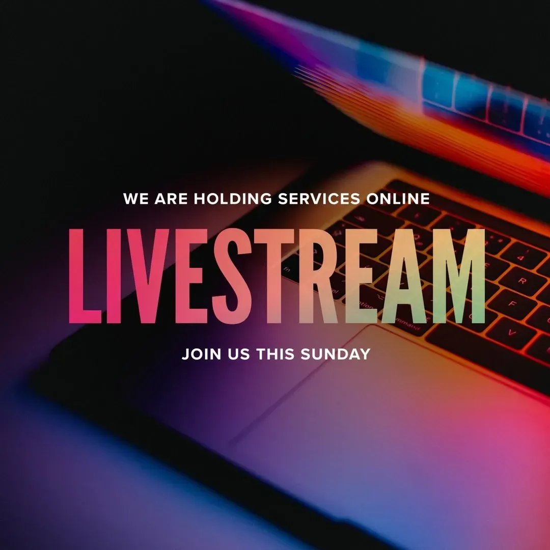 Livestream announcement with laptop. Text: 