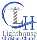 Logo for Lighthouse Christian Church featuring a lighthouse, "LH" initials, and blue waves.