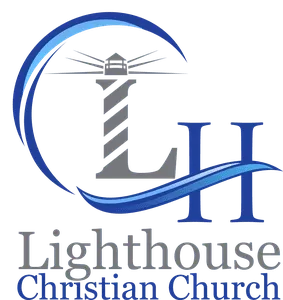 Logo for Lighthouse Christian Church featuring a lighthouse, "LH" initials, and blue waves.