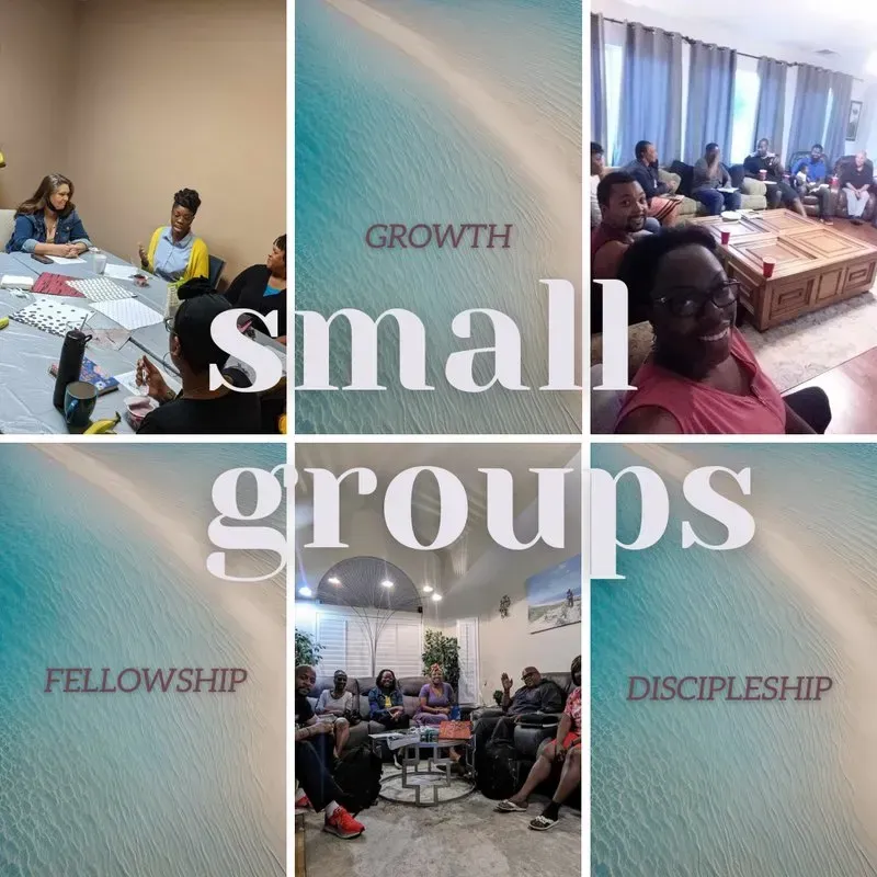 Collage promoting small group participation, featuring people in various indoor settings, with the words 