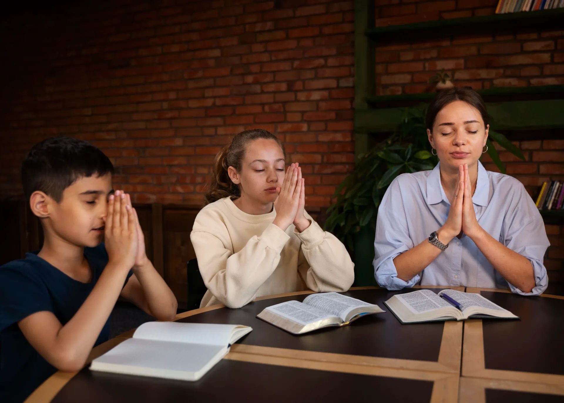 Three people praying with hands clasped together over open books, seated at a table.