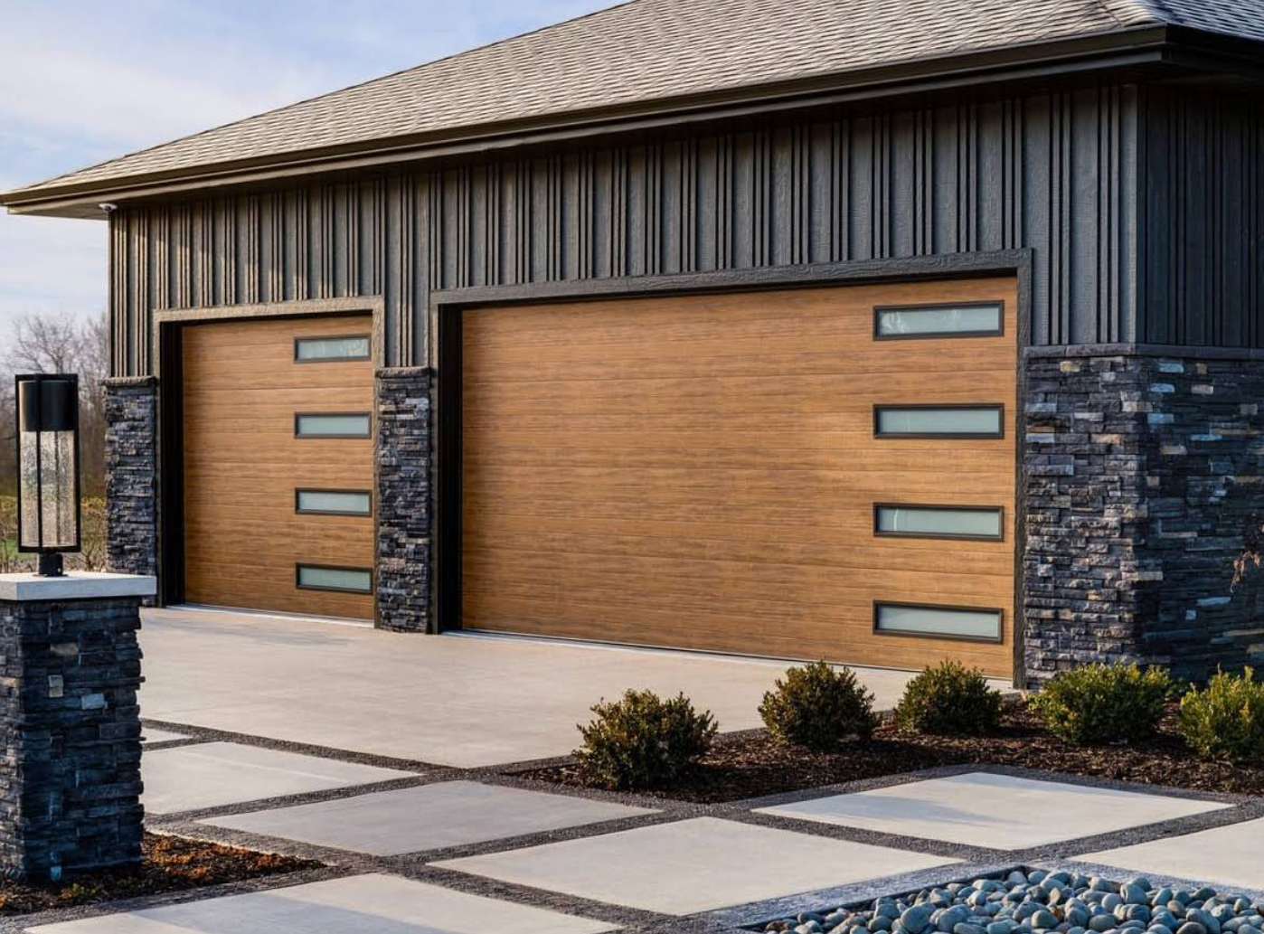 Modern house exterior with two wood garage doors, stone accents, and a paved driveway