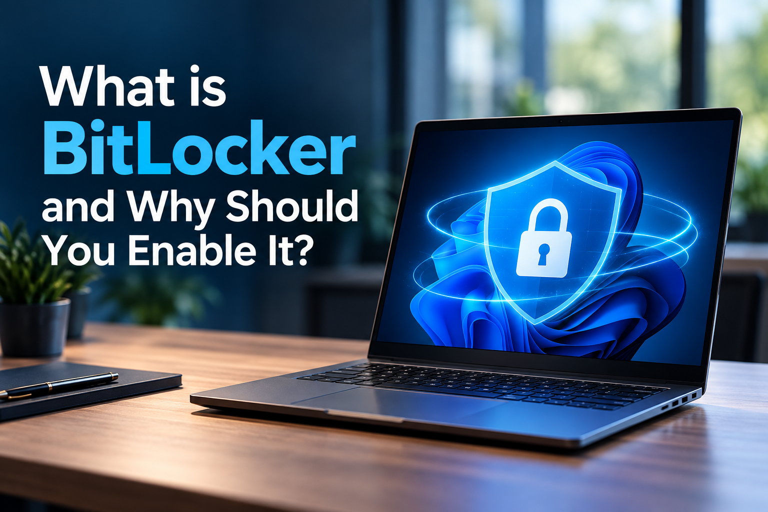 Laptop on desk with BitLocker lock icon and text asking why to enable it