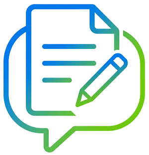 Gradient icon of a document with lines and a pencil inside a green-blue chat bubble
