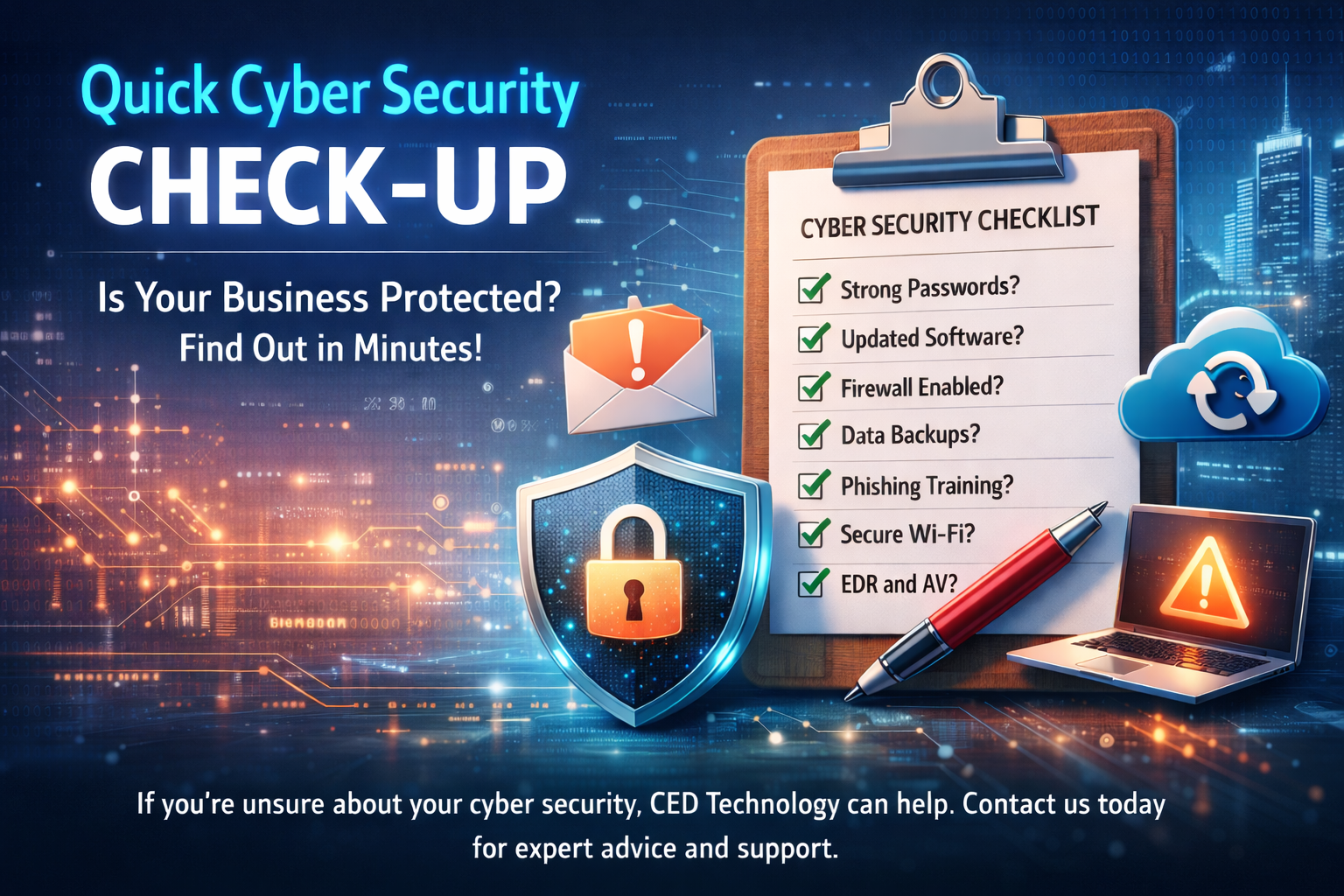 Cyber security check-up ad with checklist, shield, laptop, and cityscape.