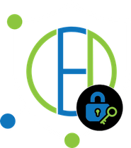 Cyber security shield icon with green and blue accents and a padlock symbol