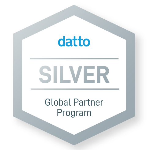 Datto Silver Global Partner Program badge with silver hexagon and blue text.