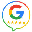 Google review logo with multicolor G, five yellow stars, and speech bubble outline