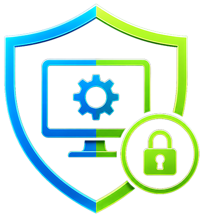 Shield with computer monitor, gear, and padlock icons in blue and green, symbolizing cybersecurity.