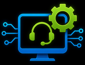 Blue computer monitor with headset and green gear, symbolizing technical support or settings