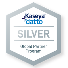 Kaseya Datto Silver Global Partner Program badge with silver hexagon and blue text.