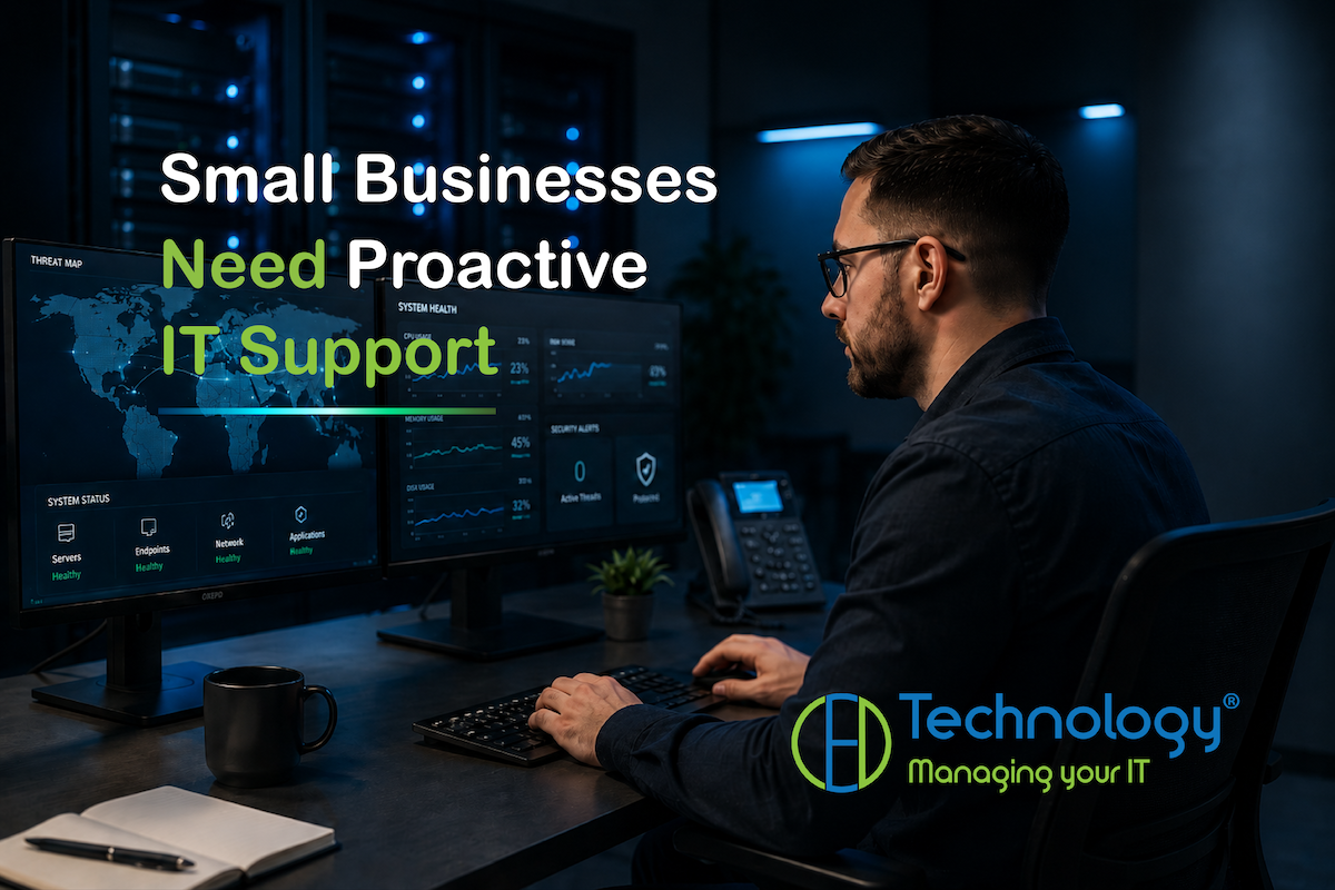 Man at a desk monitoring blue data screens with text: “Small Businesses Need Proactive IT Support.”