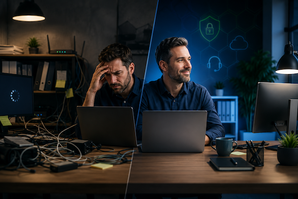 Frustrated business owner with unreliable IT compared with a calm, organised workspace supported by 