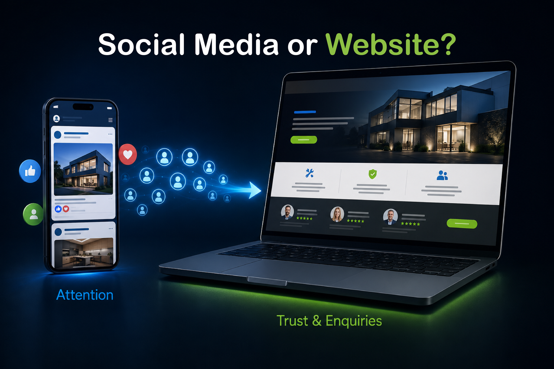 Social media icons flowing to a laptop website, with “Social Media or Website?” text above