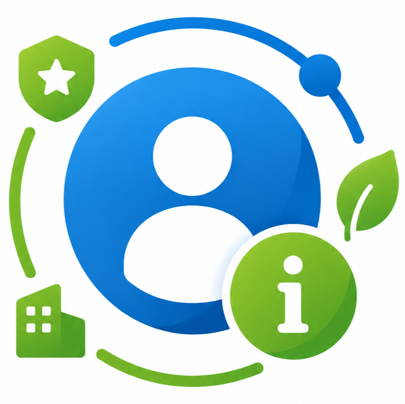 Blue user icon with green info, shield, leaf, building, and star symbols around it