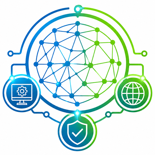 Blue-green network globe with connected nodes, flanked by security, settings, and internet icons
