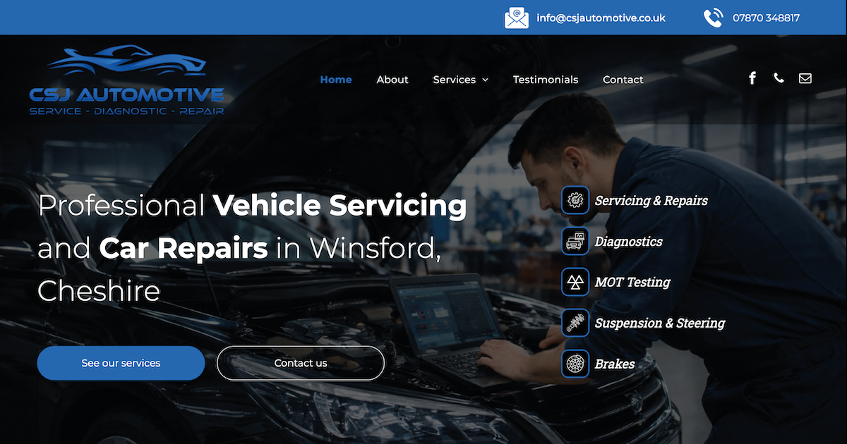 CSJ Automotive homepage with mechanic working under a car and headline for vehicle servicing in Winsford, Cheshire