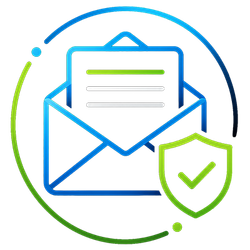 Blue envelope with letter and green shield checkmark, representing secure email or message protection