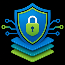 Blue shield with padlock over layered blue and green circuit-like platforms on a black background