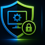 Blue and green shield with computer monitor, gear, and padlock icon representing cybersecurity protection