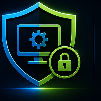 Blue and green shield with computer gear and padlock, symbolizing cybersecurity and protection