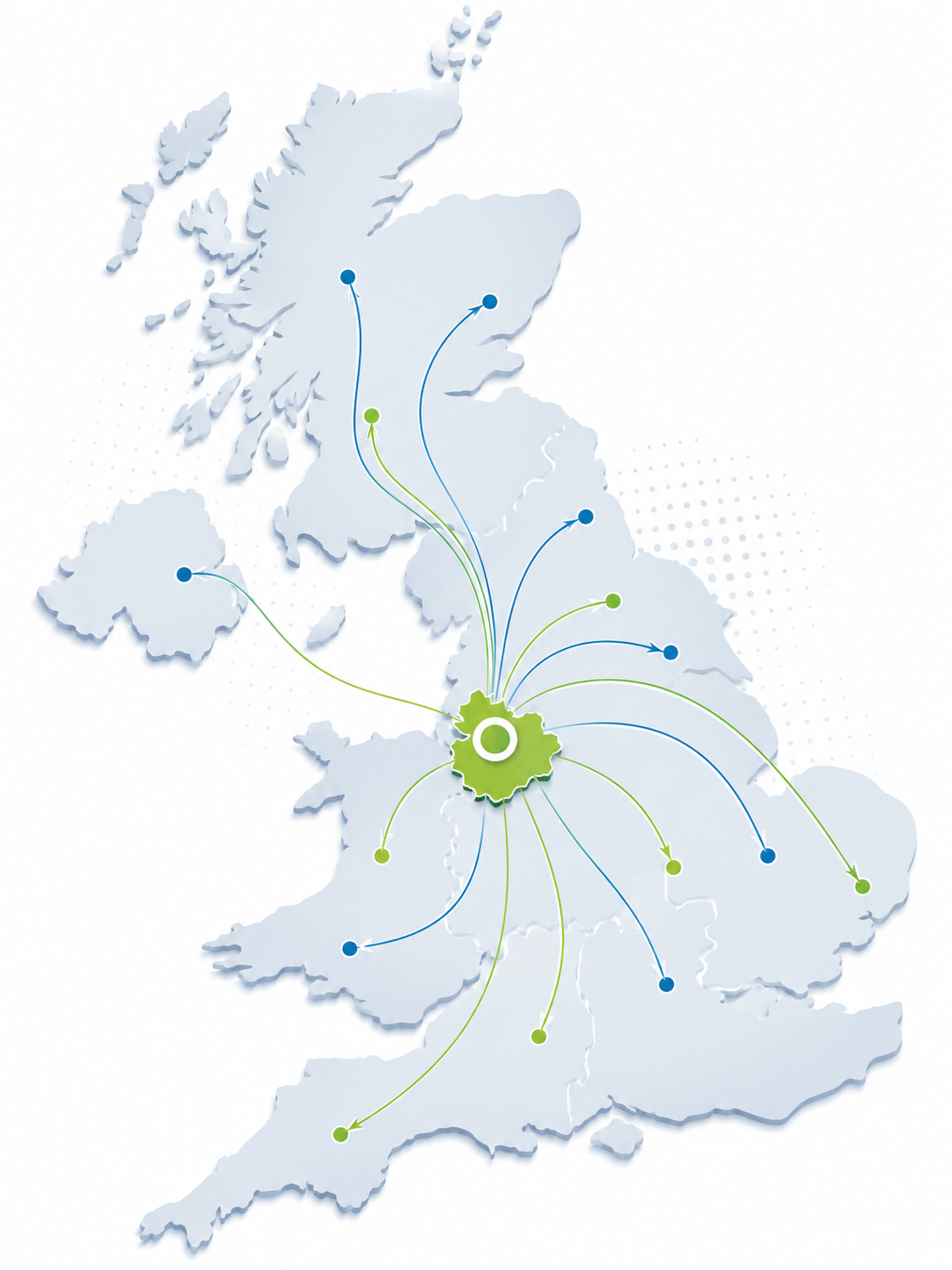 Map of the UK with blue and green network lines radiating from a central hub in Cheshire, England