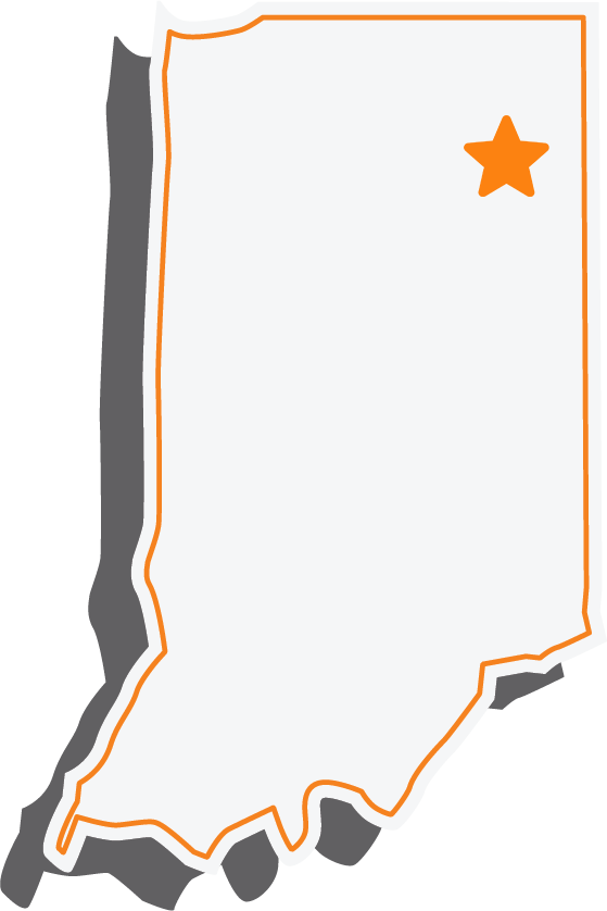 Map of Indiana with a star indicating a location in the northeast.