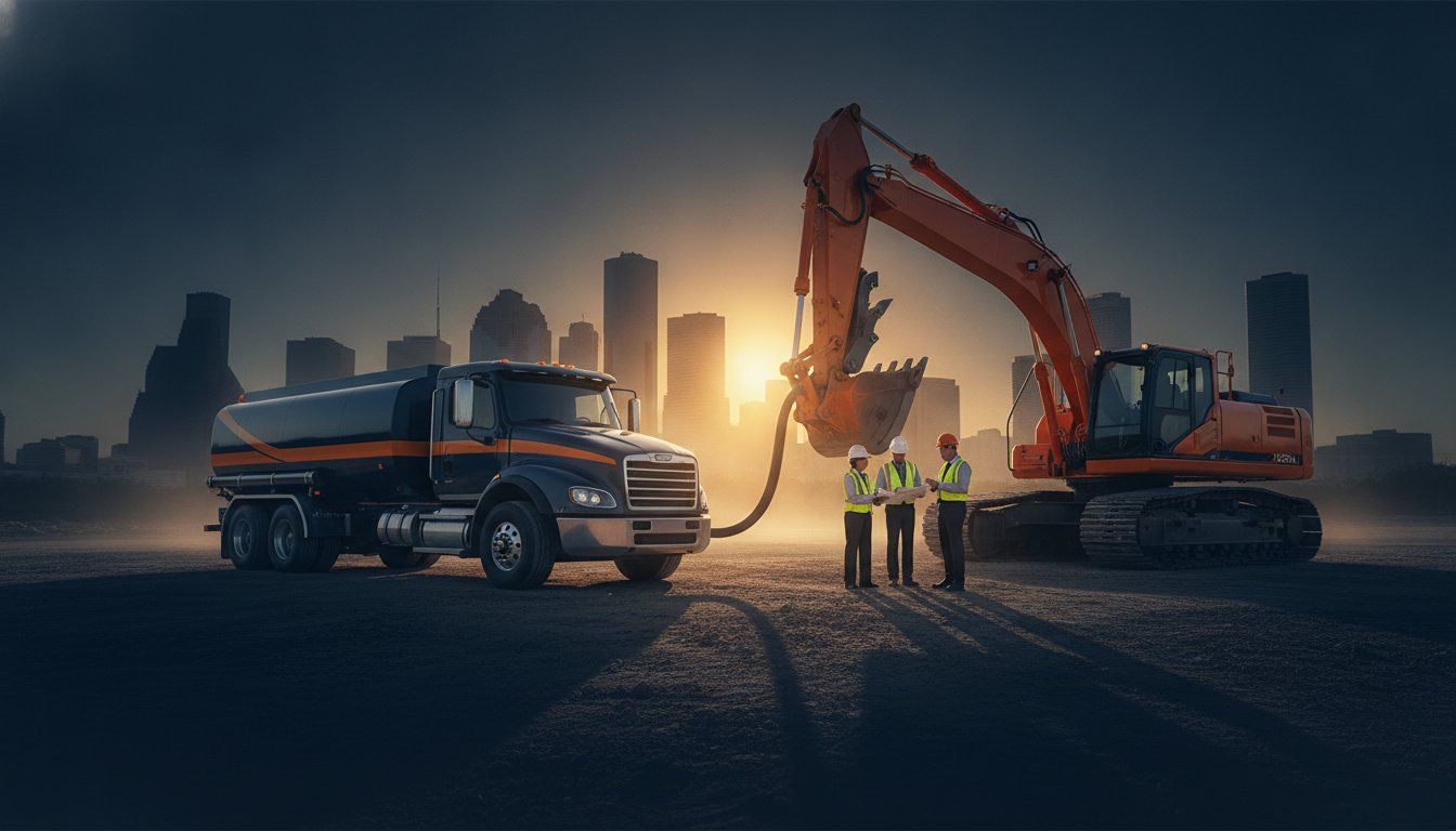Construction workers beside an orange excavator and dump truck at sunset with a city skyline behind them