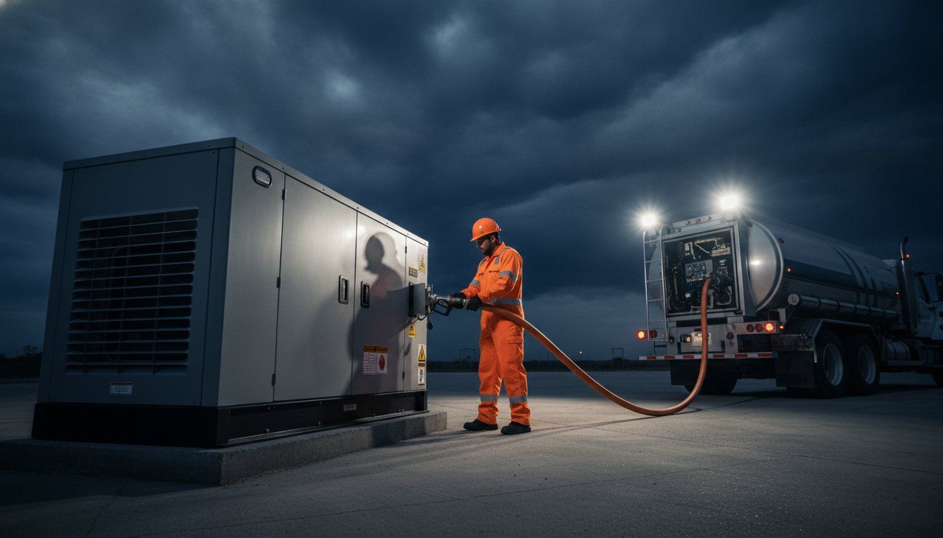 Worker in orange protective suit refueling a large machine beside a truck at night under bright lights