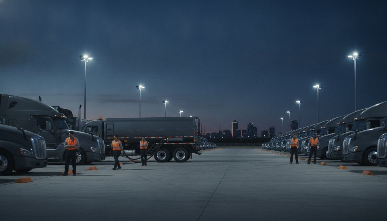 Night airport tarmac with parked jets, fuel trucks, and workers under bright lights at dusk