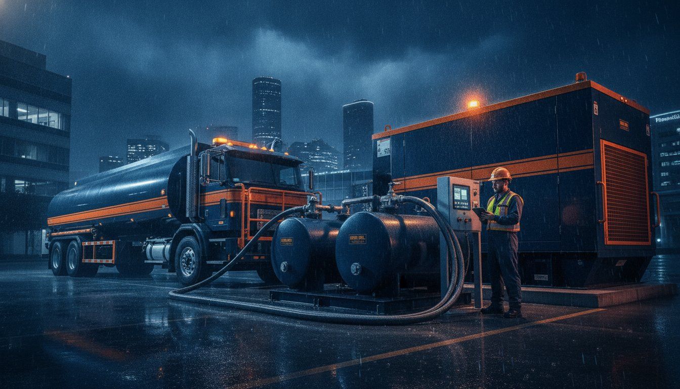 Nighttime industrial scene with two orange truck-mounted generators in a rainy city lot