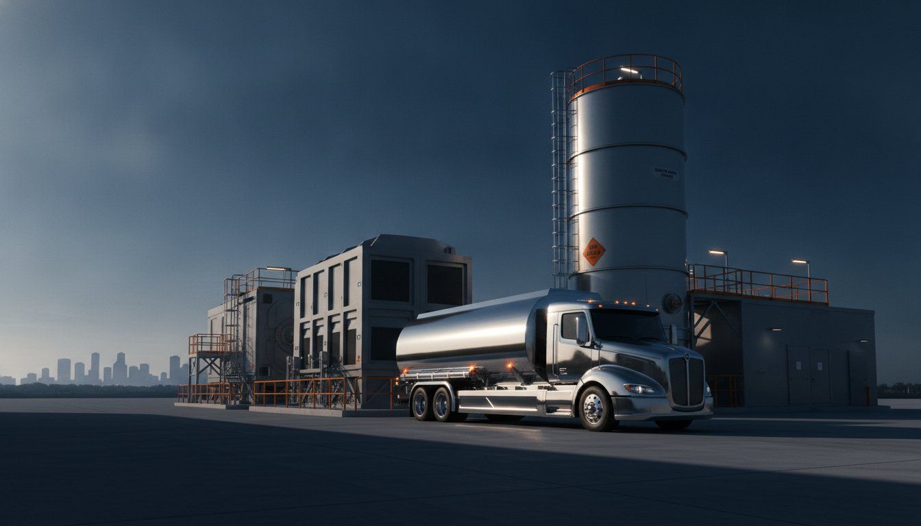 Silver semi-truck parked by industrial tanks at dusk with a city skyline in the distance