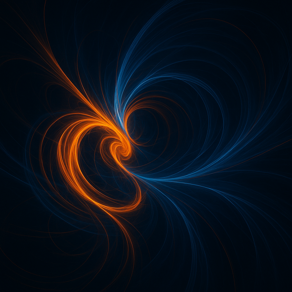 Abstract blue and orange swirling light trails on a dark background