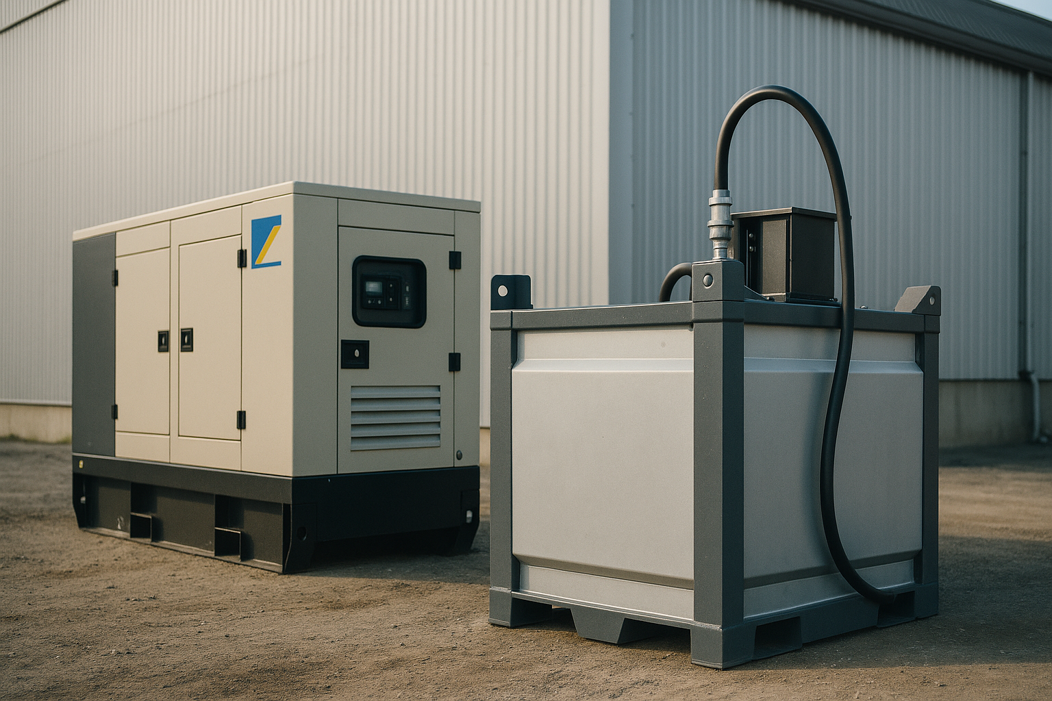 Industrial generator and fuel tank on a gravel lot beside a warehouse