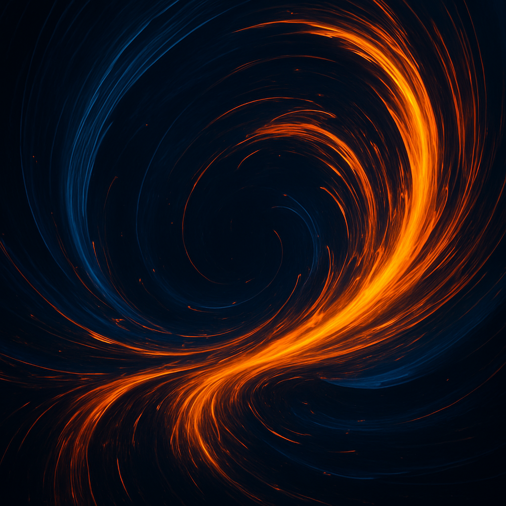 Abstract swirling orange and blue light trails on a dark background