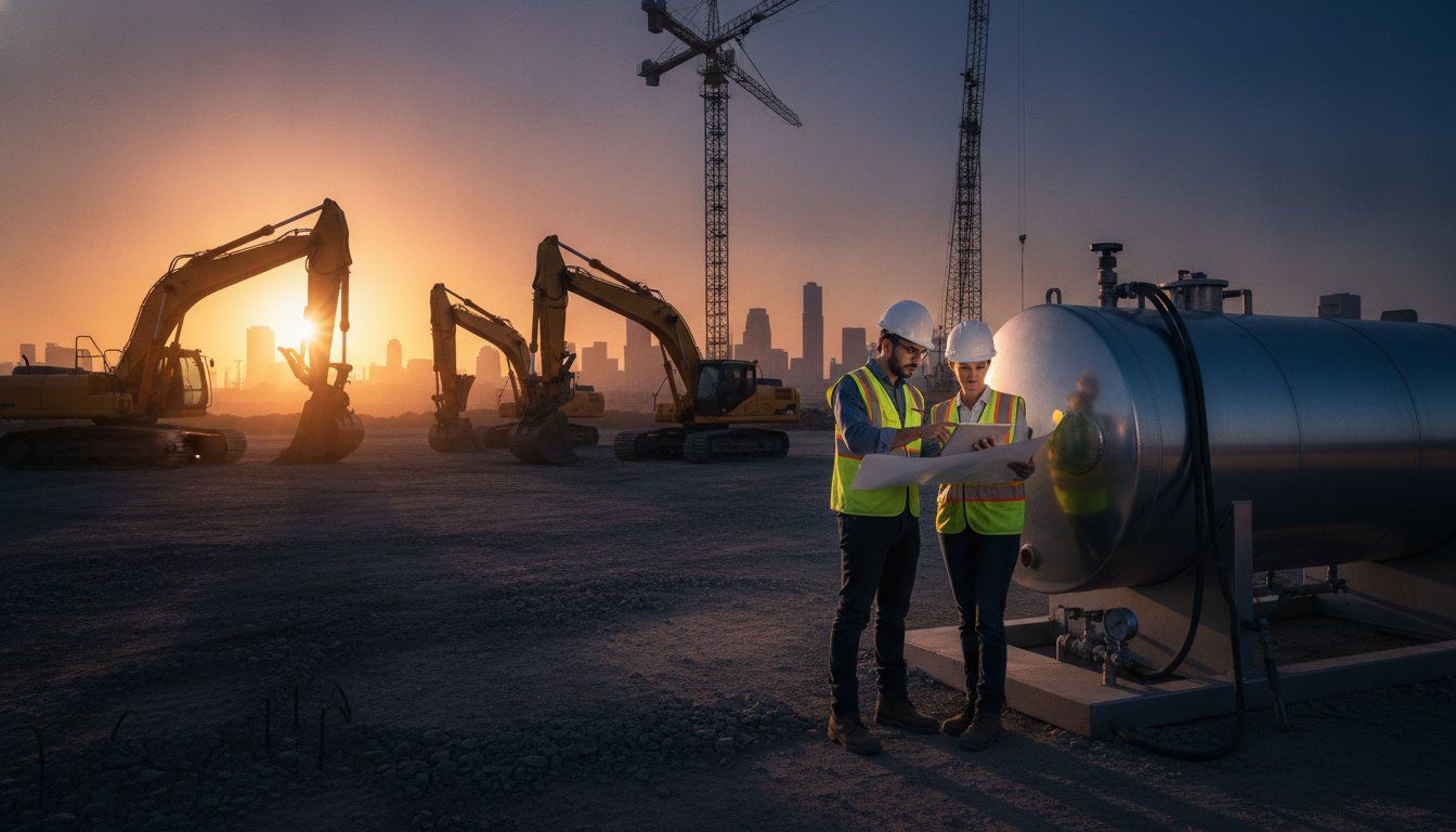 Construction site at sunset with excavators, cranes, and two workers in reflective vests beside a large pipe