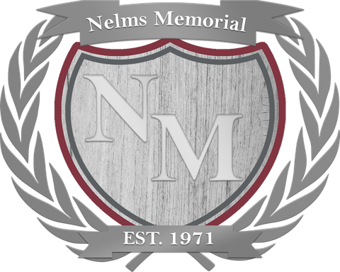 Nelms Memorial logo with gray laurel wreath, shield, and red-gray banner reading “EST. 1971”