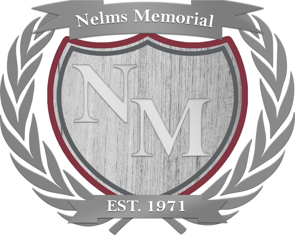 Nelms Memorial logo with silver laurel wreath, NM shield, and “Est. 1971” text