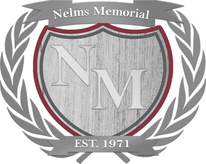 Nelms Memorial crest logo with gray laurel wreath, shield, and “EST. 1971” banner