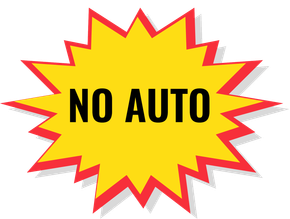 Yellow starburst with red outline. Text in black: NO AUTO.