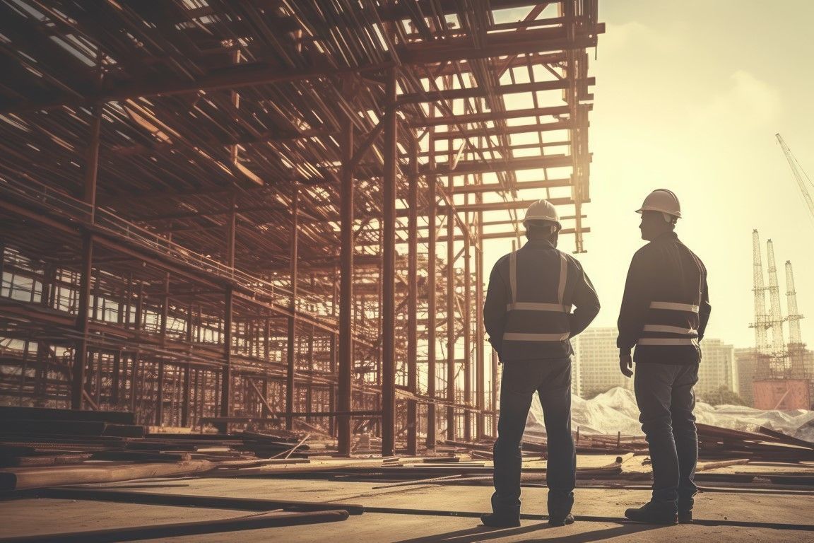 Silhouette of construction workers at a steel frame building site.