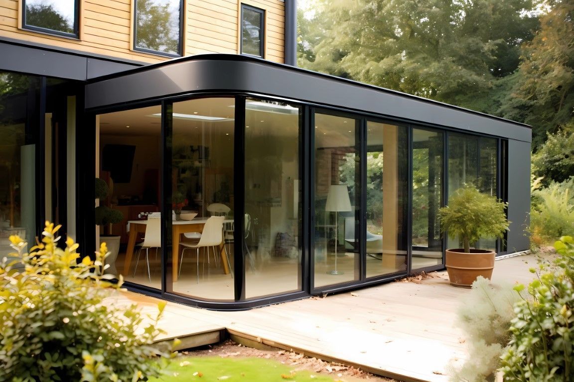 Contemporary glass home addition featuring floor-to-ceiling sliding doors.